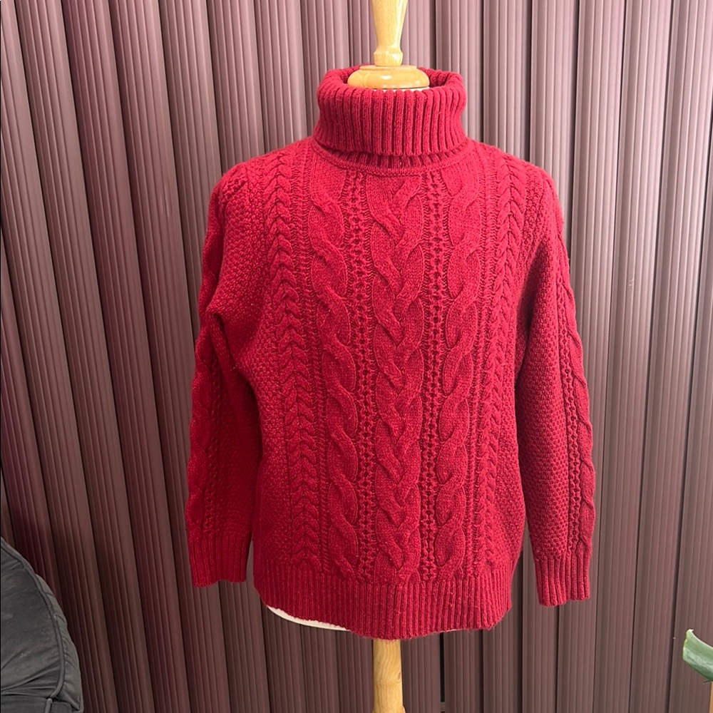 L.L. Bean Red Turtleneck Sweater with Cable Knit